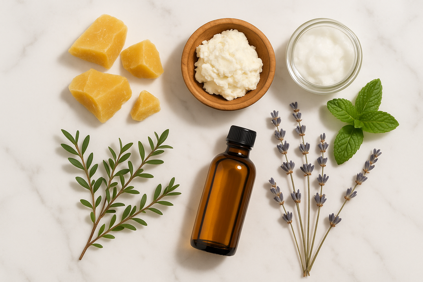 beeswax, shea butter, coconut oil, rice bran oil, with peppermint, lavender & tea tree