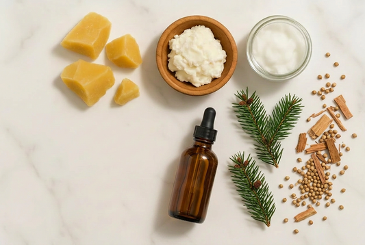 beeswax, shea butter, coconut oil, rice bran oil, with Fir Needle, Ho Wood & Coriander 