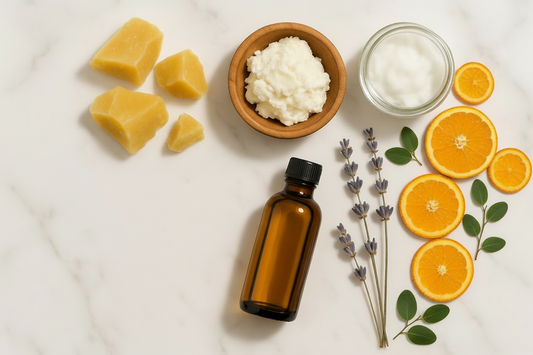 beeswax, shea butter, coconut oil, rice bran oil, with peppermint, lavender & tea tree