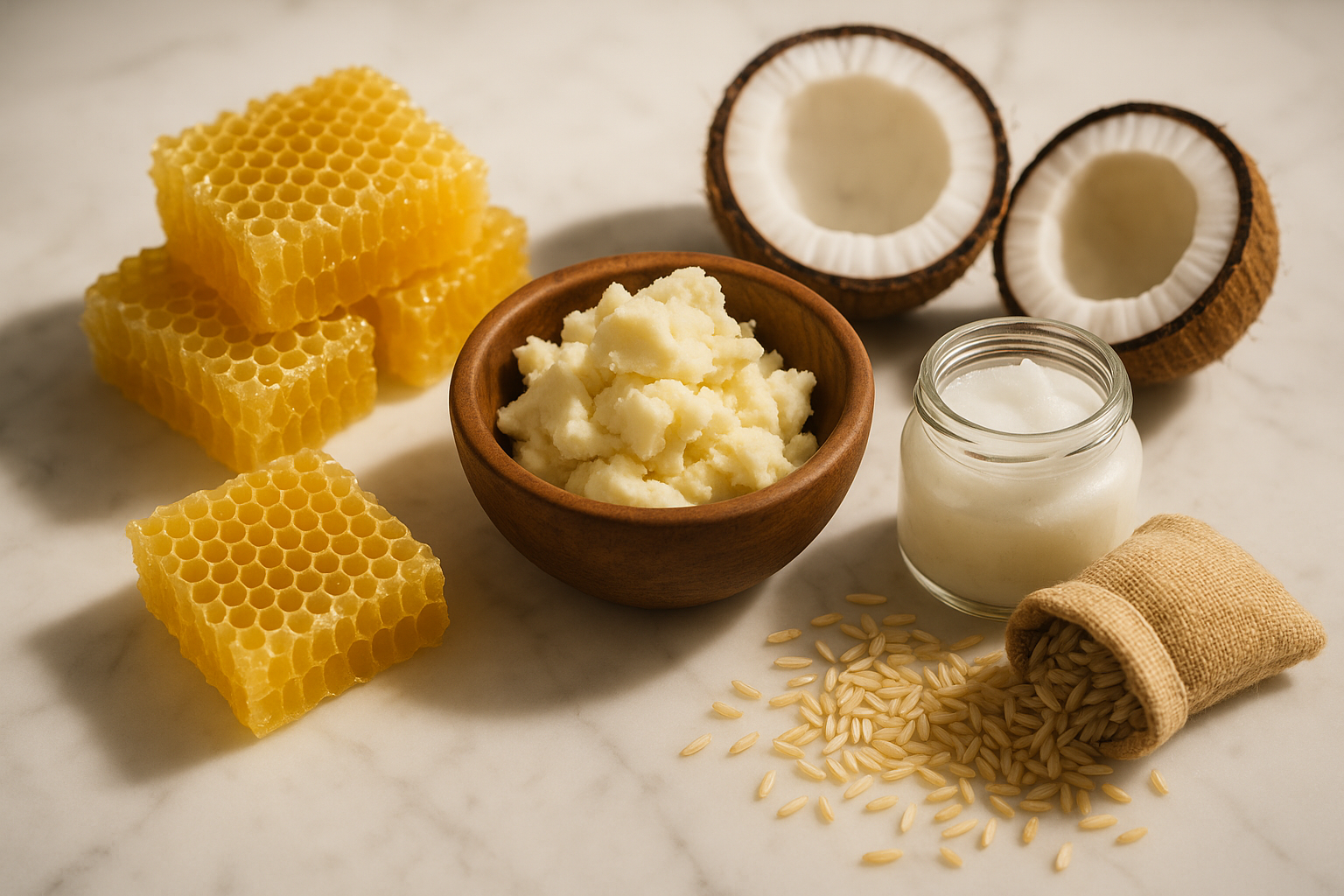 Beeswax, Shea Butter, Coconut oil, Rice Bran