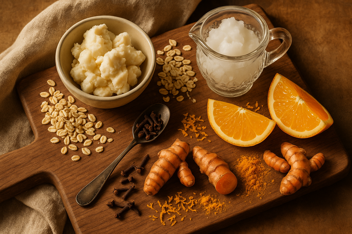Shea butter, coconut oil, oatmeal, oranges, cloves, and turmeric root/powder.